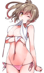 Rule 34 | 1girl, bare shoulders, bikini, breast hold, breasts, brown hair, cevio, clothes in mouth, clothes lift, cowboy shot, konnyaku (kk-monmon), looking at viewer, mouth hold, navel, one eye closed, pink bikini, satou sasara, shirt in mouth, shirt lift, side-tie bikini bottom, simple background, solo, swimsuit, underboob, untied bikini, white background, yellow eyes