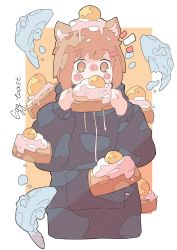 Rule 34 | 1girl, absurdres, animal ears, blush, brown eyes, brown hair, covered mouth, drawstring, egg (food), english text, fish, food, fried egg, fried egg on toast, haru57928031, highres, holding, holding food, original, short hair, solo, toast