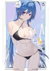 Rule 34 | 1girl, absurdres, arms behind back, azur lane, bikini, blue hair, blue nails, blush, breasts, cleavage, cocktail glass, commentary request, cowboy shot, cup, drinking glass, drinking straw, flower, groin, hair between eyes, hair flower, hair ornament, helena (azur lane), helena (shimmering triangle wave) (azur lane), highres, holding own arm, jiuxiaocan yin, large breasts, leaning to the side, legs apart, long hair, looking at viewer, looking down, medium breasts, nail polish, navel, outdoors, picture frame, purple eyes, recording, skin tight, smile, solo, swimsuit, two-tone bikini, very long hair, white flower