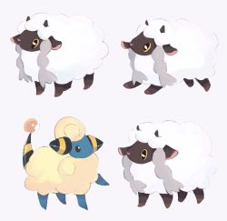 Rule 34 | bad id, bad tumblr id, charamells, commentary, creature, creatures (company), english commentary, full body, game freak, gen 2 pokemon, gen 8 pokemon, mareep, nintendo, no humans, pokemon, pokemon (creature), sheep, simple background, white background, wooloo
