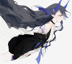 Rule 34 | 1girl, arknights, bare shoulders, black choker, black dress, blue horns, choker, cowboy shot, detached sleeves, dress, dutch angle, grey eyes, grey hair, highmore (arknights), highres, horns, long hair, long sleeves, looking at viewer, parted lips, pointy ears, rodrdo, shell hair ornament, simple background, solo, very long hair, white background