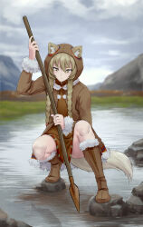 Rule 34 | 1girl, absurdres, animal ear fluff, animal ears, arm up, blurry, blurry background, boots, braid, brown eyes, brown shirt, brown tail, closed mouth, coat, depth of field, ears through hood, facing viewer, fish, fishing, fox ears, fox girl, fox tail, fur-trimmed boots, fur-trimmed coat, fur-trimmed sleeves, fur trim, hair between eyes, highres, holding, holding polearm, holding weapon, hood, hooded coat, iskanderednaksi, knee boots, landscape, leather, leather boots, light brown hair, long hair, looking down, nature, original, polearm, rock, shirt, sky, solo, spear, squatting, stream, tail, thick eyebrows, thighs, twin braids, very long hair, water, weapon