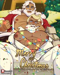 Rule 34 | 2boys, abs, absurdres, almond cookie, arts of hasarath, bara, bare pectorals, beard, blue eyes, bound, bulge, chest hair, christmas, christmas lights, christmas tree, cookie run, eggnog cookie, facial hair, fake beard, fake facial hair, from below, full beard, fur trim, highres, huge pectorals, humanization, large pectorals, male focus, mature male, multiple boys, muscular, muscular male, nipples, paid reward available, pectoral cleavage, pectorals, playing with beard, santa costume, short hair, smile, thick beard, thick eyebrows, white hair, yaoi