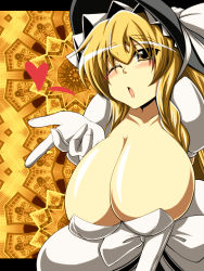Rule 34 | 1girl, blonde hair, blowing kiss, blush, breasts, cleavage, female focus, gigantic breasts, gloves, hat, heart, highres, huge breasts, invincible marisa, kirisame marisa, new super marisa land, one eye closed, regls, solo, thick eyebrows, touhou, wink, witch hat, yellow eyes