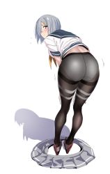 Rule 34 | 10s, 1girl, bad id, bad twitter id, bent over, black pantyhose, blue eyes, blush, breasts, closed mouth, crotch seam, from behind, full body, hair ornament, hair over one eye, hairclip, hamakaze (kancolle), kantai collection, looking at viewer, looking back, neckerchief, panties, panties under pantyhose, pantyhose, school uniform, serafuku, shadow, short hair, silver hair, skirt, unworn skirt, solo, standing, thighband pantyhose, ulrich (tagaragakuin), underwear, white panties, yellow neckerchief