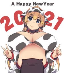 Rule 34 | 1girl, 2021, absurdres, animal costume, animal ears, animal print, bell, bikini, blacksmith (ragnarok online), blonde hair, blue eyes, blush, breasts, chinese zodiac, choker, cleavage, closed mouth, commentary request, cow costume, cow ears, cow girl, cow horns, cow print, cow print sleeves, cow tail, cowbell, detached sleeves, deviruchi, english text, eyes visible through hair, hair between eyes, highres, horns, huge breasts, long hair, looking at viewer, mil (xration), new year, plump, print bikini, print skirt, ragnarok online, simple background, skirt, smile, solo focus, stomach, swimsuit, tail, upper body, v, very long hair, white background, year of the ox