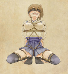 Rule 34 | 10s, 1girl, arm behind back, arm support, artist request, bdsm, black thighhighs, blindfold, blue skirt, blush, bondage, bound, breast bondage, brown hair, closed eyes, frogtie, gagged, kaga (kancolle), kantai collection, long sleeves, open mouth, rope, shibari, side ponytail, simple background, skirt, thighhighs, zettai ryouiki