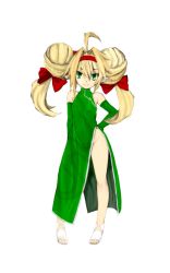 Rule 34 | 1girl, ahoge, bad id, bad pixiv id, bare legs, bare shoulders, big hair, blonde hair, bow, china dress, chinese clothes, double bun, dress, elbow gloves, fila (kobayashi tetsuya), flat chest, gloves, green dress, green eyes, green gloves, hair bow, hair intakes, hairband, halterneck, hand on own hip, highres, long hair, minimaki, no panties, original, pointy ears, sandals, side slit, solo, twintails