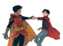 Rule 34 | 2boys, belt, black hair, cape, child, commentary request, damian wayne, dc comics, denim, domino mask, gloves, green gloves, helado jpg, highres, holding, holding hands, jeans, jonathan kent, looking at another, male focus, mask, multiple boys, pants, robin (dc), short hair, simple background, smile, super sons, superboy, superhero costume, utility belt, white background