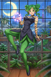 Rule 34 | 1girl, absurdres, animal ears, bishoujo senshi sailor moon, black dress, black footwear, blush, breasts, cleavage, closed mouth, commission, dress, green eyes, green hair, green pantyhose, high heels, highres, indoors, large breasts, lips, night, pantyhose, plant, potted plant, second-party source, short hair, smile, solo, speh, tellu (sailor moon), window