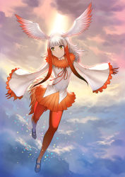 Rule 34 | 10s, 1girl, bad id, bad pixiv id, bird tail, bird wings, blunt bangs, blush, feather-trimmed sleeves, flying, full body, head wings, japanese crested ibis (kemono friends), kemono friends, long hair, long sleeves, maekawa yuichi, multicolored hair, outstretched arms, pantyhose, parted lips, pleated skirt, red hair, red pantyhose, red skirt, shirt, sidelocks, skirt, solo, spread arms, tail, two-tone hair, white hair, white shirt, wide sleeves, wings, yellow eyes
