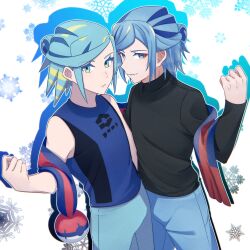 Rule 34 | 2boys, aqua eyes, black shirt, blue pants, blue shirt, clenched hand, closed mouth, commentary request, creatures (company), eyelashes, game freak, green hair, green pants, grusha (pokemon), hair bun, hand up, highres, male focus, mocacoffee 1001, multiple boys, nintendo, outline, pants, pokemon, pokemon sv, scarf, shirt, sleeveless, sleeveless shirt, smile, snowflakes, striped clothes, striped scarf, white background