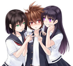 Rule 34 | 10s, 3girls, :o, angry, arm around neck, black hair, blush, breasts, brown eyes, brown hair, buttons, clenched hand, clenched teeth, commentary request, cup, drinking, drinking straw, eguchi sera, eye contact, from side, gakuran, girl sandwich, glowing, glowing eyes, gradient hair, green eyes, grin, hair between eyes, half-closed eyes, hand on another&#039;s head, hand on another&#039;s shoulder, hand on own cheek, hand on own face, highres, holding, long hair, looking at another, multicolored hair, multiple girls, neckerchief, nose blush, onjouji toki, open clothes, open mouth, pleated skirt, purple eyes, red eyes, rivalry, saki, saki (manga), saki achiga-hen, sandwiched, school uniform, serafuku, shimizudani ryuuka, shirt, short hair, short sleeves, simple background, skirt, small breasts, smile, spiked hair, suzushiro yukari, sweatdrop, teeth, unbuttoned, uneven eyes, upper body, v, white background