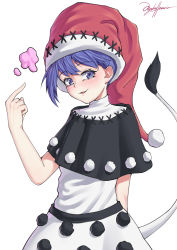 Rule 34 | 1girl, absurdres, black capelet, blob, blue eyes, blue hair, blush, capelet, doremy sweet, dream soul, dress, hat, highres, littiecy, looking at viewer, open mouth, parted lips, pom pom (clothes), short hair, signature, simple background, smile, solo, tail, tapir tail, touhou, white background