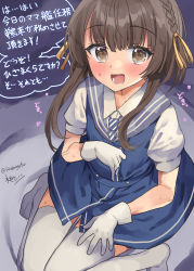 Rule 34 | 1girl, blue dress, blue sailor collar, blush, braid, brown eyes, brown hair, commentary request, dress, gloves, hair ribbon, heart, highres, kantai collection, looking at viewer, mizuta kenji, one-hour drawing challenge, open mouth, ribbon, sailor collar, sailor dress, shirt, short hair with long locks, short sleeves, signature, simple background, sitting, solo, sweat, thighhighs, translation request, twitter username, ukuru (kancolle), white gloves, white shirt, white thighhighs, yellow ribbon
