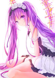 Rule 34 | 1girl, armlet, bare arms, bare legs, bare shoulders, between legs, black hairband, blush, breasts, commentary request, dress, euryale (fate), euryale (third ascension) (fate), fate/hollow ataraxia, fate (series), feet out of frame, flower, from side, hair flower, hair ornament, hairband, hand between legs, leaning forward, long hair, looking at viewer, looking to the side, parted lips, purple eyes, purple hair, rose, simple background, sitting, sleeveless, sleeveless dress, small breasts, solo, tareme, twintails, venn (vebonbon), very long hair, wariza, white background, white dress, white flower, white rose