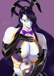 Rule 34 | 1girl, android, animal ears, black hair, breasts, cleavage, elbow gloves, female seth (street fighter), glasses, gloves, highres, long hair, meme attire, reverse bunnysuit, reverse outfit, seth (street fighter), skellyto, street fighter, very long hair