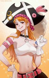 Rule 34 | 1girl, :p, absurdres, belt, black skirt, breasts, choker, crop top, gloves, hat, highres, large breasts, long hair, looking at viewer, midriff, mrs.custard, nami (one piece), navel, one piece, one piece film: red, orange eyes, orange hair, pink belt, pirate, pirate hat, skirt, smile, solo, tattoo, tongue, tongue out, underboob, white gloves