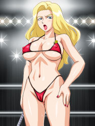 Rule 34 | 10s, 1girl, bikini, blonde hair, blue eyes, breasts, cleavage, cleft of venus, genka ichien, large breasts, lipstick, long hair, makeup, miss x (tiger mask), nail polish, open mouth, solo, standing, swimsuit, tiger mask (series), tiger mask w