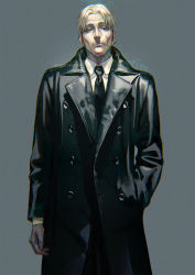 Rule 34 | 1boy, black coat, black eyes, black necktie, blonde hair, chainsaw man, coat, collared shirt, cowboy shot, earrings, facial hair, grey background, hand in pocket, highres, jewelry, kishibe (chainsaw man), long sleeves, looking at viewer, male focus, necktie, scar, scar on face, shirt, short hair, solo, standing, stubble, w55674570w, white shirt
