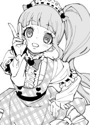 Rule 34 | 1girl, :d, archived source, bad id, bad twitter id, blunt bangs, blush, bow, center frills, cowboy shot, frills, greyscale, hand on own hip, hand up, heart, highres, image sample, long hair, long sleeves, looking at viewer, manaka non, monochrome, open mouth, pretty series, pripara, puffy sleeves, side ponytail, simple background, smile, solo, standing, twitter sample, v, white background, zashima