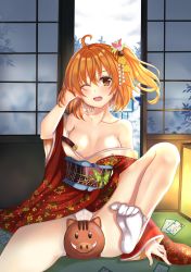 Rule 34 | 1girl, ;o, absurdres, ahoge, alternate costume, animal, arm at side, arm support, arm up, bare shoulders, blush, boar, bow, breasts, cameltoe, card, chinese zodiac, cleavage, collarbone, day, fate/grand order, fate (series), floral print, flower, fujimaru ritsuka (female), green bow, hair flower, hair ornament, hand in own hair, highres, indoors, japanese clothes, kimono, kimono pull, lamp, leg up, long sleeves, looking at viewer, medium breasts, nail polish, no bra, obi, off shoulder, on floor, one eye closed, one side up, open mouth, panties, pantyshot, piglet, print kimono, red kimono, red nails, ribbon-trimmed sleeves, ribbon trim, sash, sitting, sliding doors, snow, socks, solo, spread legs, toe scrunch, underwear, white panties, white socks, wide sleeves, winter, wu ji miao, year of the pig