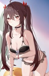 Rule 34 | 1girl, absurdres, ahoge, all fours, bead bracelet, beads, black bra, black choker, black nails, black panties, bra, bracelet, breasts, brown hair, choker, cleavage, collarbone, flower-shaped pupils, frills, genshin impact, hair ornament, highres, holding own arm, hu tao (genshin impact), jewelry, long hair, medium breasts, navel, panties, parted lips, red eyes, rosumerii, sidelocks, skindentation, solo, spaghetti strap, stomach, strap gap, symbol-shaped pupils, thighs, twintails, underwear, underwear only, very long hair