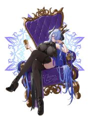Rule 34 | 1girl, bare shoulders, black bracelet, black footwear, black horns, black thighhighs, blue brooch, blue eyes, blue hair, breast curtains, breasts, chalice, crossed legs, crown, cup, hair over one eye, high heels, highres, holding, holding cup, horns, indie virtual youtuber, kkix25, large breasts, long hair, maou chirorunia, purple ribbon, ribbon, second-party source, signature, sitting, solo, thighhighs, throne, very long hair, virtual youtuber
