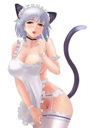 Rule 34 | 1992 (10489433), 1girl, absurdres, alternate breast size, animal ears, apron, bare shoulders, blush, bottomless, braid, breasts, cat ears, cat tail, cleavage, colored pubic hair, covered erect nipples, female pubic hair, garter straps, highres, izayoi sakuya, kemonomimi mode, large breasts, leaning forward, lipstick, looking at viewer, maid apron, maid headdress, makeup, naked apron, no bra, no panties, open mouth, pubic hair, red eyes, short hair, silver hair, silver pubic hair, solo, strap slip, tail, thighhighs, touhou, twin braids, white thighhighs