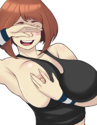 Rule 34 | 10s, 1girl, blush stickers, boku no hero academia, breasts, brown hair, covering face, grabbing own breast, large breasts, looking at viewer, mkonstantinov, nipples, no bra, one breast out, open mouth, selfie, short hair, simple background, smile, solo, tank top, uraraka ochako, white background, wristband