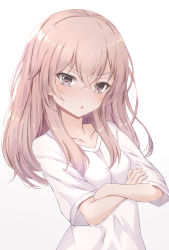 Rule 34 | 1girl, :o, blush, breasts, brown eyes, brown hair, collarbone, crossed arms, crossed bangs, fingernails, gradient background, grey background, habu rin, hair between eyes, highres, inui sajuna, long hair, looking at viewer, shirt, short sleeves, small breasts, solo, sono bisque doll wa koi wo suru, t-shirt, white shirt