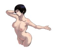 Rule 34 | 1girl, bad hands, black eyes, black hair, breasts, brown eyes, collarbone, completely nude, curvy, hand on own head, large breasts, navel, nipples, nude, short hair, shu-mai, simple background, solo, white background