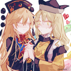 Rule 34 | 2girls, black dress, black headwear, black sleeves, blush, brown headwear, chinese clothes, closed eyes, closed mouth, crescent, dress, eyes visible through hair, hair between eyes, hands together, heart, highres, junko (touhou), kyuutame, long hair, long sleeves, looking at another, matara okina, multiple girls, orange sleeves, pom pom (clothes), simple background, sun symbol, touhou, white background, yellow neckwear, yuri