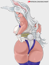 Rule 34 | 1girl, adjusting clothes, animal ears, arachnart, bare shoulders, boku no hero academia, cameltoe, cleft of venus, covered erect nipples, cowboy shot, dark-skinned female, dark skin, eyelashes, from behind, gloves, grey background, grin, highres, leotard, long eyelashes, long hair, looking at viewer, looking back, muscular, muscular female, purple thighhighs, rabbit ears, red eyes, silver hair, simple background, skin tight, sleeveless, smile, solo, standing, thigh gap, thighhighs, mirko, white gloves, white leotard