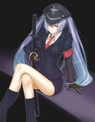 Rule 34 | 1girl, armband, blue hair, breasts, hat, highres, kagerou (shadowmage), katana, large breasts, legs, long hair, military, military uniform, original, peaked cap, pink eyes, red eyes, sitting, solo, sword, twintails, uniform, very long hair, weapon, wink