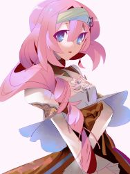 Rule 34 | 1girl, absurdres, blue eyes, braid, braided ponytail, breasts, hair between eyes, headband, highres, long hair, long sleeves, nem graphics, pink hair, priscilla (rune factory), rune factory, rune factory 5, simple background, small breasts, solo, white background