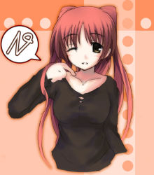 Rule 34 | 00s, 1girl, ;d, brown eyes, collarbone, kousaka tamaki, long hair, looking at viewer, mizoguchi keiji, one eye closed, open mouth, orange background, parted lips, red hair, simple background, smile, solo, speech bubble, sweater, to heart (series), to heart 2, upper body, very long hair, wink