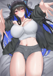 Rule 34 | 1girl, absurdres, alternate costume, asymmetrical horns, black hair, blue hair, breasts, cardigan, colored inner hair, demon horns, grey shorts, highres, hololive, hololive english, horns, large breasts, looking at viewer, lying, midriff, mole, mole on thigh, mole under eye, mole under mouth, multicolored hair, navel, nerissa ravencroft, on back, open cardigan, open clothes, outstretched arms, pov, reaching, reaching towards viewer, red eyes, shorts, solo, split-color hair, sweat, two-tone hair, uneven horns, virtual youtuber, yobi (ybpac18)