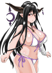 Rule 34 | 1girl, absurdres, arm wrap, bikini, black hair, breasts, danua, granblue fantasy, highres, horns, jewelry, large breasts, long hair, looking at viewer, navel, necklace, pointy ears, red eyes, shiromochi (123), side-tie bikini bottom, simple background, standing, swimsuit, white background, white bikini