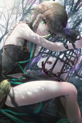 Rule 34 | 1girl, black skirt, blurry, blurry background, brown hair, cage, green eyes, gretel (sinoalice), grin, highres, kayoh0731, looking at viewer, male focus, outdoors, short hair, side slit, sinoalice, sitting, skirt, sleeveless, smile, solo