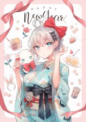 Rule 34 | ahoge, alisa mikhailovna kujou, black bow, blue eyes, blush, border, bow, bowtie, braid, breasts, cake, can, commentary request, doughnut, floral print kimono, flower, food, hair between eyes, hair bow, hands up, happy new year, head tilt, highres, holding, holding stuffed toy, japanese clothes, kimono, large breasts, looking at viewer, new year, parted lips, pink border, pink flower, pink rose, red bow, red bowtie, red flower, red rose, rose, strawberry shortcake, stuffed toy, tenacitysaho, tokidoki bosotto roshia-go de dereru tonari no arya-san, white background, white hair