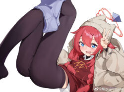 Rule 34 | 1girl, absurdres, beanie, black pantyhose, blue archive, blue eyes, blush, braid, brown shirt, clothes pull, fine fabric emphasis, grey hat, grey shorts, hair between eyes, halo, hat, highres, jacket, long hair, long sleeves, looking at viewer, maki (blue archive), maki (camp) (blue archive), official alternate costume, official alternate hairstyle, open clothes, open jacket, open mouth, pantyhose, red hair, red halo, shirt, shorts, shorts pull, simple background, solo, suye, twin braids, v, white background, white jacket