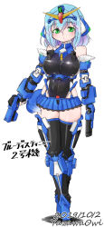 Rule 34 | 1girl, :o, blue destiny 02, blue hair, breasts, dual wielding, fingerless gloves, fox tail, gloves, green eyes, gun, gundam, gundam side story: the blue destiny, highres, holding, holding gun, holding weapon, large breasts, looking at viewer, mecha musume, open mouth, personification, short hair, skin tight, skindentation, solo, tail, v-fin, weapon, yazawa owl