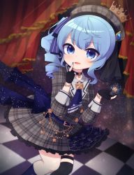 Rule 34 | 1girl, absurdres, beret, black choker, black gloves, black thighhighs, blue eyes, blue hair, blue nails, blue socks, checkered floor, choker, collared shirt, commentary request, crown, curtains, drill hair, gloves, grey hat, grey jacket, grey skirt, hat, highres, hololive, hoshimachi suisei, hoshimachi suisei (1st costume), jacket, long sleeves, looking at viewer, mini crown, nail polish, over-kneehighs, partially fingerless gloves, plaid, plaid headwear, plaid jacket, pleated skirt, rensei, shirt, side drill, side ponytail, single over-kneehigh, single thighhigh, skirt, sky, socks, solo, star (sky), starry sky, thighhighs, virtual youtuber, white shirt