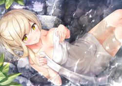 Rule 34 | 1girl, bathing, blonde hair, blush, breast lift, breasts, cleavage, closed mouth, collarbone, commentary request, highres, holding, holding towel, leaf, looking at viewer, medium breasts, naked towel, onsen, original, partially submerged, rock, shimofuri takenoko, sidelocks, sitting, smile, solo, towel, yellow eyes