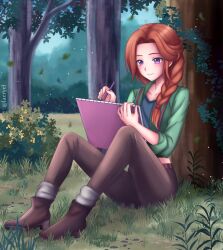 Rule 34 | 1girl, blue shirt, boots, braid, brown footwear, brown pants, closed mouth, collarbone, commentary, drawing, english commentary, forest, grass, green jacket, highres, holding, holding notebook, holding pen, jacket, laeryel, leaf, leah (stardew valley), long hair, nature, notebook, open clothes, open jacket, orange hair, outdoors, pants, pen, purple eyes, shirt, sleeves rolled up, smile, solo, stardew valley, suspenders, tree, twitter username