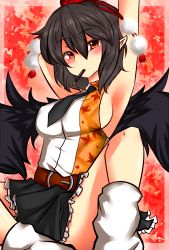 Rule 34 | 1girl, armpits, arms up, black hair, blush, breasts, female focus, frills, hat, highres, large breasts, leaf, looking at viewer, loose socks, mouth hold, necktie, pen, pleated skirt, pointy ears, pom pom (clothes), red eyes, roki (hirokix), shameimaru aya, sideboob, sitting, skirt, socks, solo, spread legs, stretching, tokin hat, touhou, wings