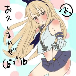 Rule 34 | 10s, 1girl, bad id, bad pixiv id, bare legs, blonde hair, blush, breasts, crop top, crop top overhang, elbow gloves, fujima (k114), gloves, highleg, highleg panties, kantai collection, long hair, midriff, miniskirt, panties, panty lift, panty pull, pun, sailor collar, shimakaze (kancolle), skirt, small breasts, solo, translated, underwear, white gloves