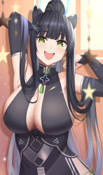 Rule 34 | 1girl, animal ears, armpits, arms up, bare shoulders, black dress, black hair, blue archive, blunt bangs, blush, breasts, bridal gauntlets, cleavage, commentary request, dress, gaitoou, green eyes, highres, large breasts, long hair, looking at viewer, open mouth, ponytail, shun (blue archive), sideboob, solo, upper body