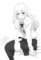 Rule 34 | 1girl, artist name, blush, bra, dated, from side, greyscale, highres, legs together, long hair, long sleeves, looking at viewer, md5 mismatch, monochrome, open clothes, open shirt, original, parted lips, resolution mismatch, school uniform, shirt, signature, simple background, sitting, smile, solo, tabata hisayuki, thighhighs, underwear